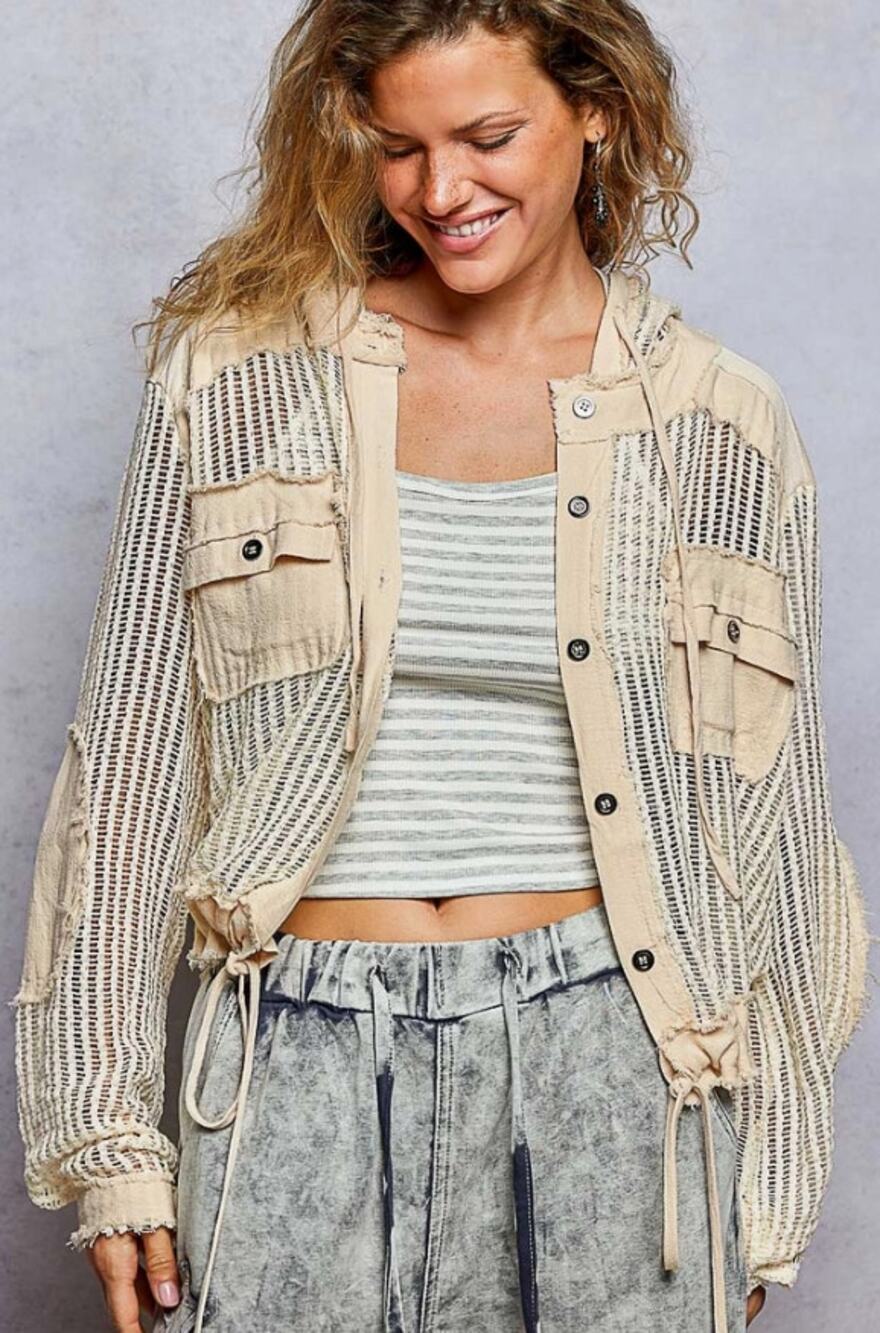 POL Open Knit Hooded Button Down Top Ivory Cream Size L Raw Edge Coastal Comfort